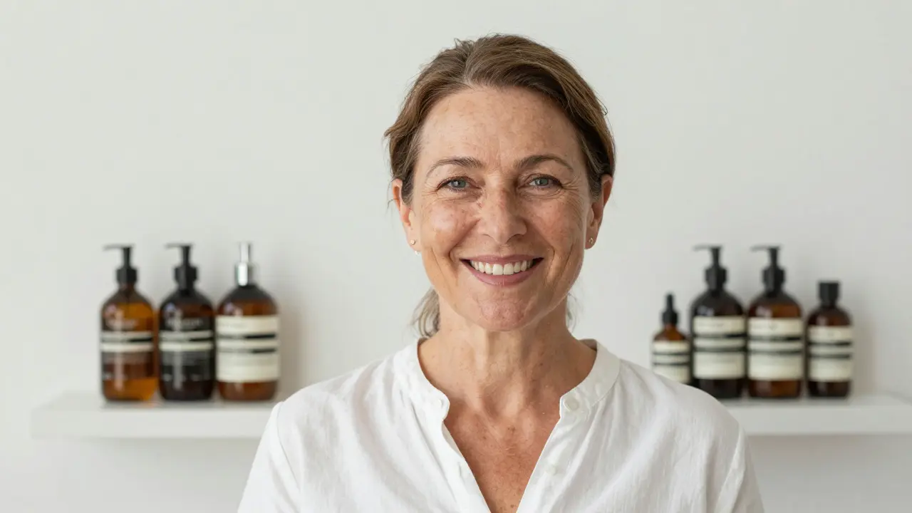 A woman with natural aging features smiling during a skincare photoshoot with luxury beauty products in the background.
