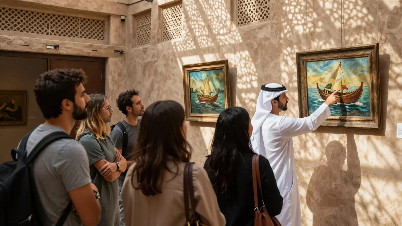 An Emirati companion guiding a group through a historical Dubai art gallery, highlighting traditional artwork.