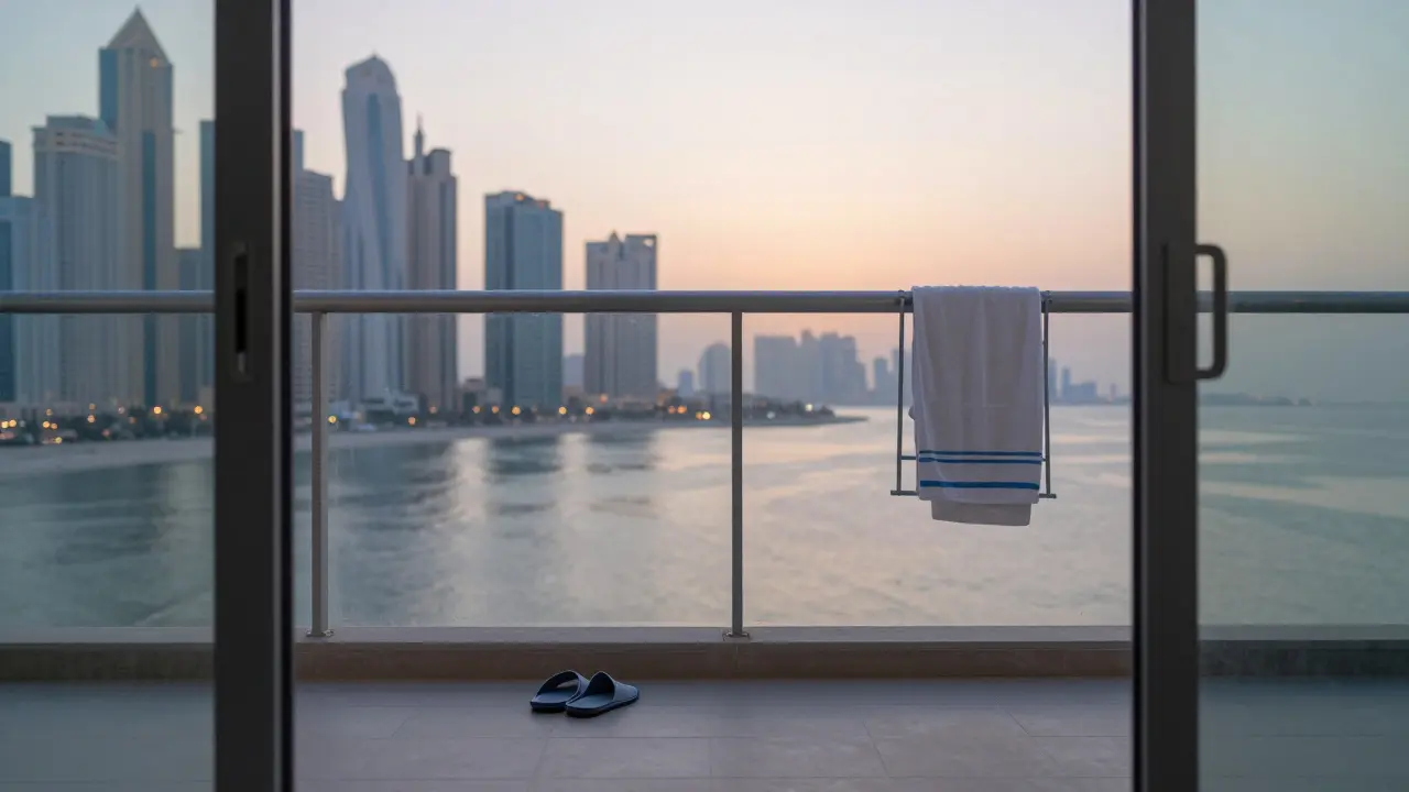 An empty balcony in Dubai Marina at sunrise, slippers and towel hinting at quiet solitude.