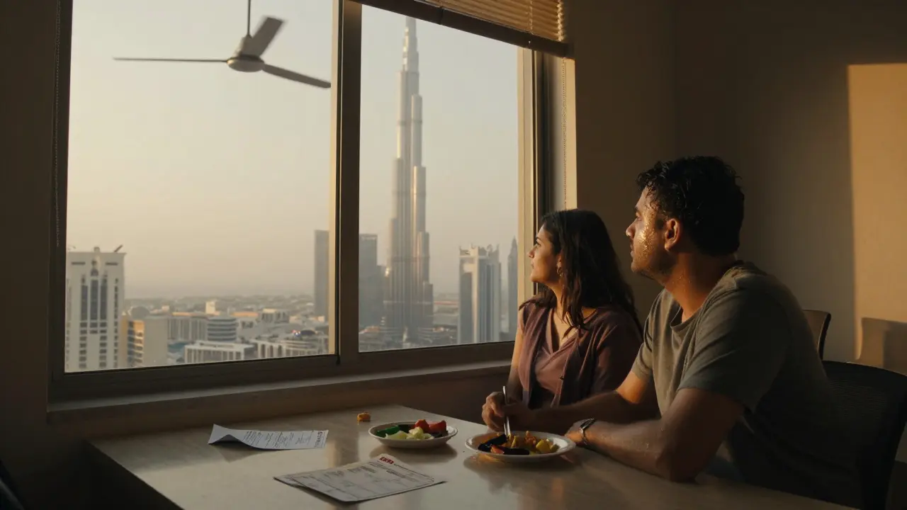 An expat couple in a small apartment, heat haze outside, bills on the table, Burj Khalifa visible.