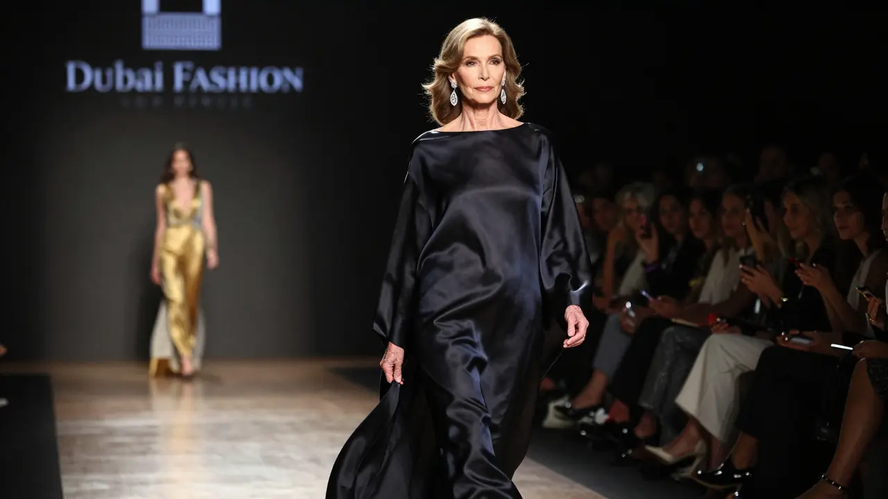 An older woman walking confidently on a runway at Dubai Fashion Week, illuminated by a spotlight.
