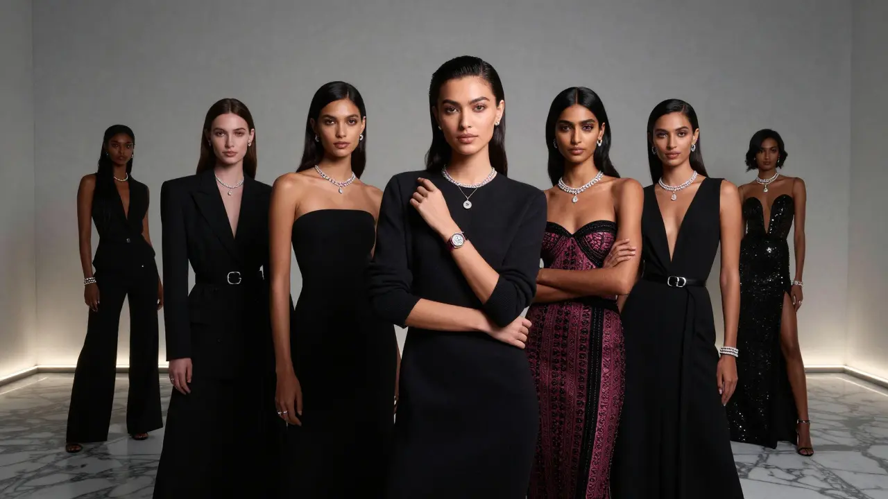 Diverse group of models posing in high-fashion couture under studio lighting with diamond jewelry and a Chopard watch.