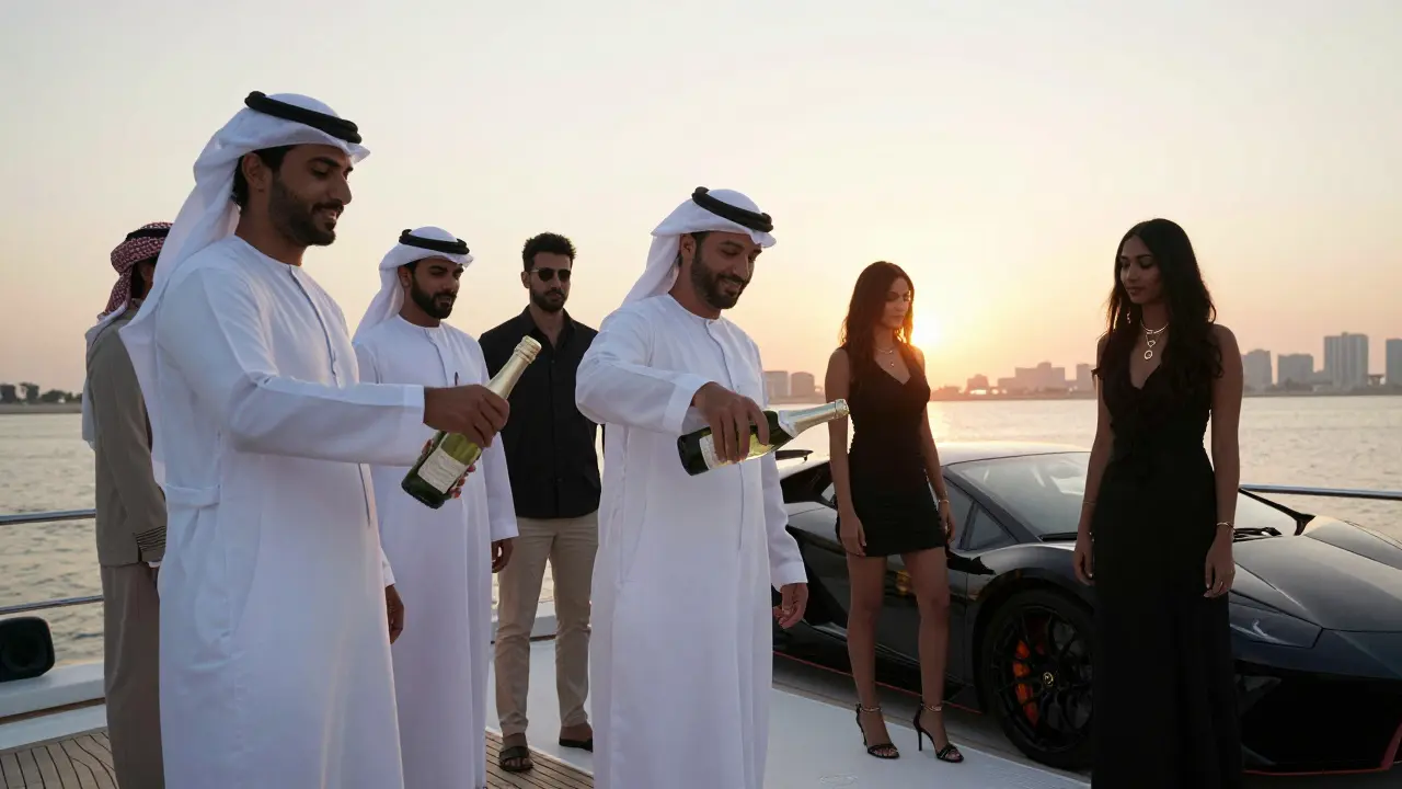 Diverse models interacting naturally at a yacht launch in Palm Jumeirah, bathed in golden sunset light.