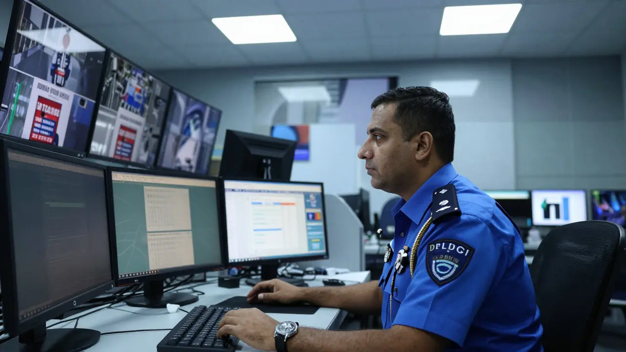 Dubai police officer monitoring surveillance screens in control room detecting illegal activities.