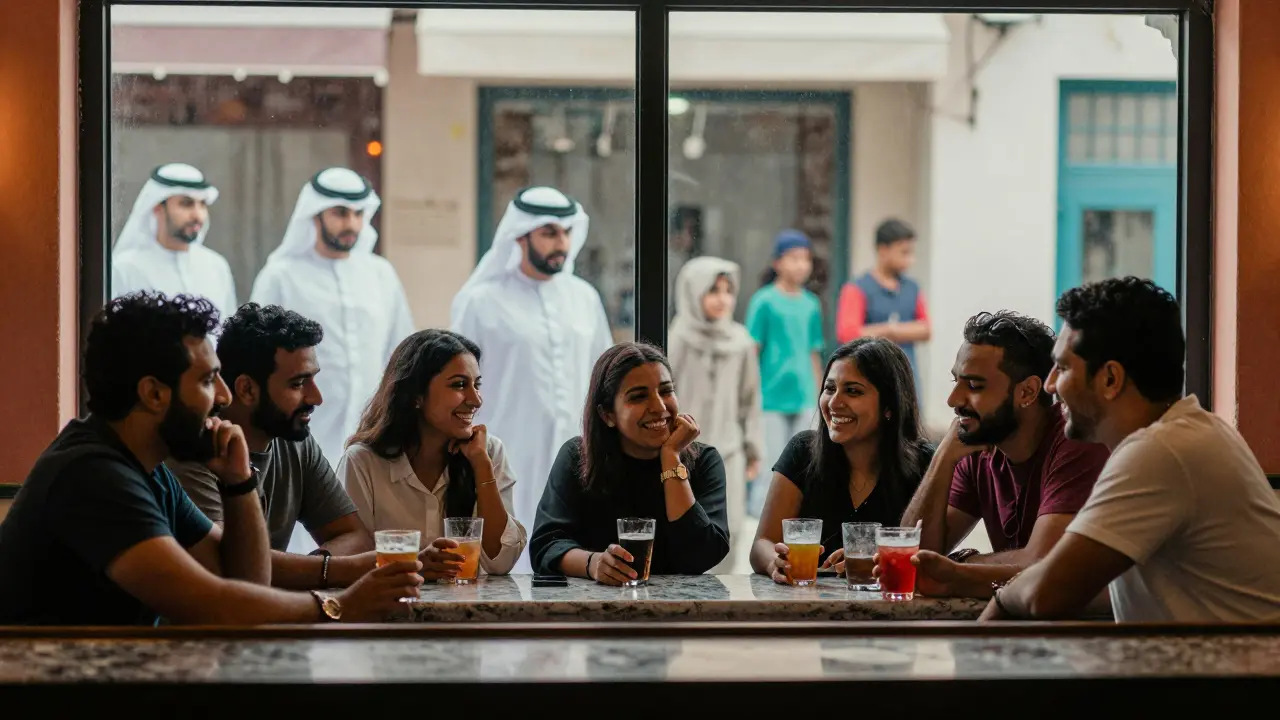 Expats at a bar laughing while Emirati families walk past outside, separated by glass.