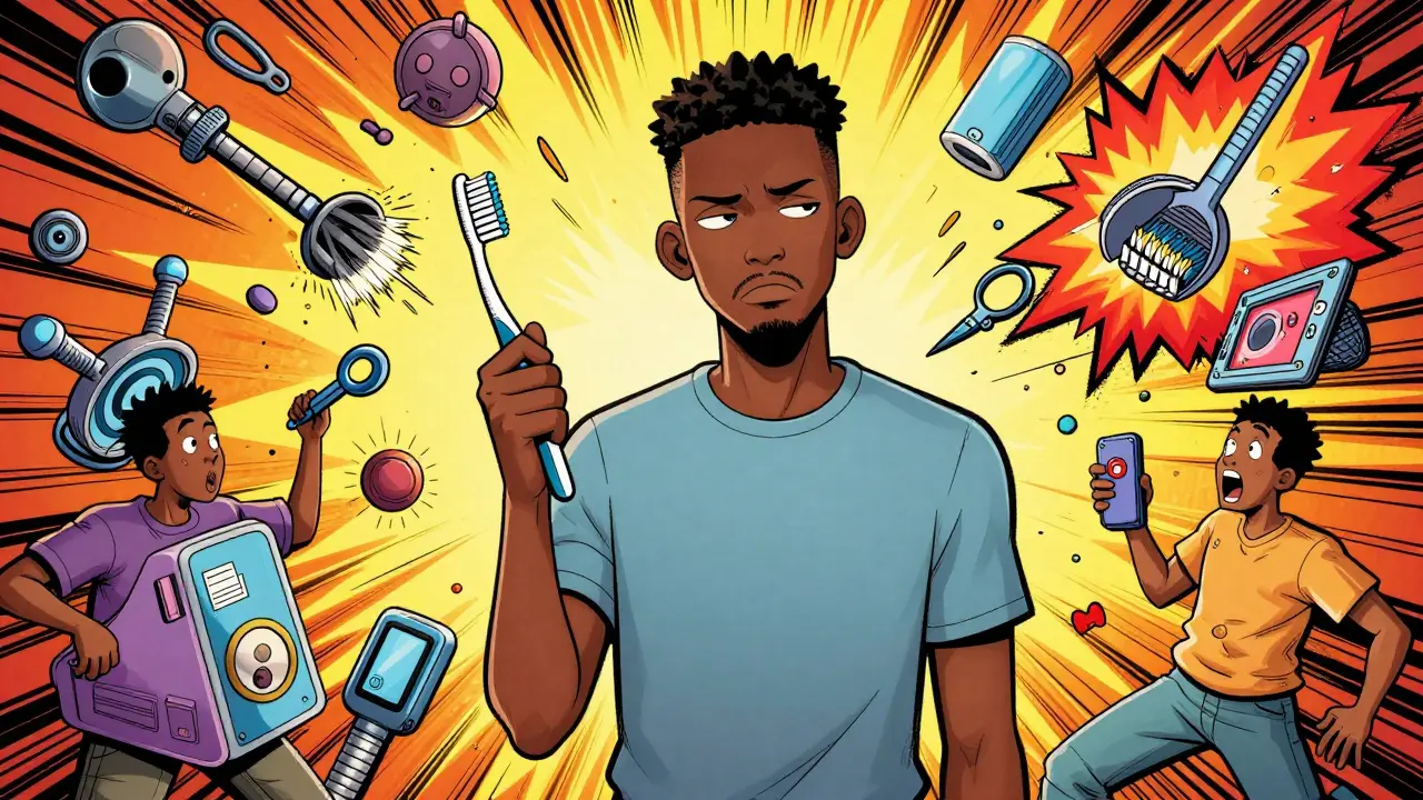 Khaby Lame calmly using a toothbrush while chaotic life hacks explode around him.