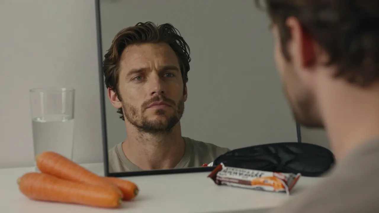 Man's face reflected in mirror surrounded by water, carrots, sleep mask, and protein bar—lifestyle for jawline.