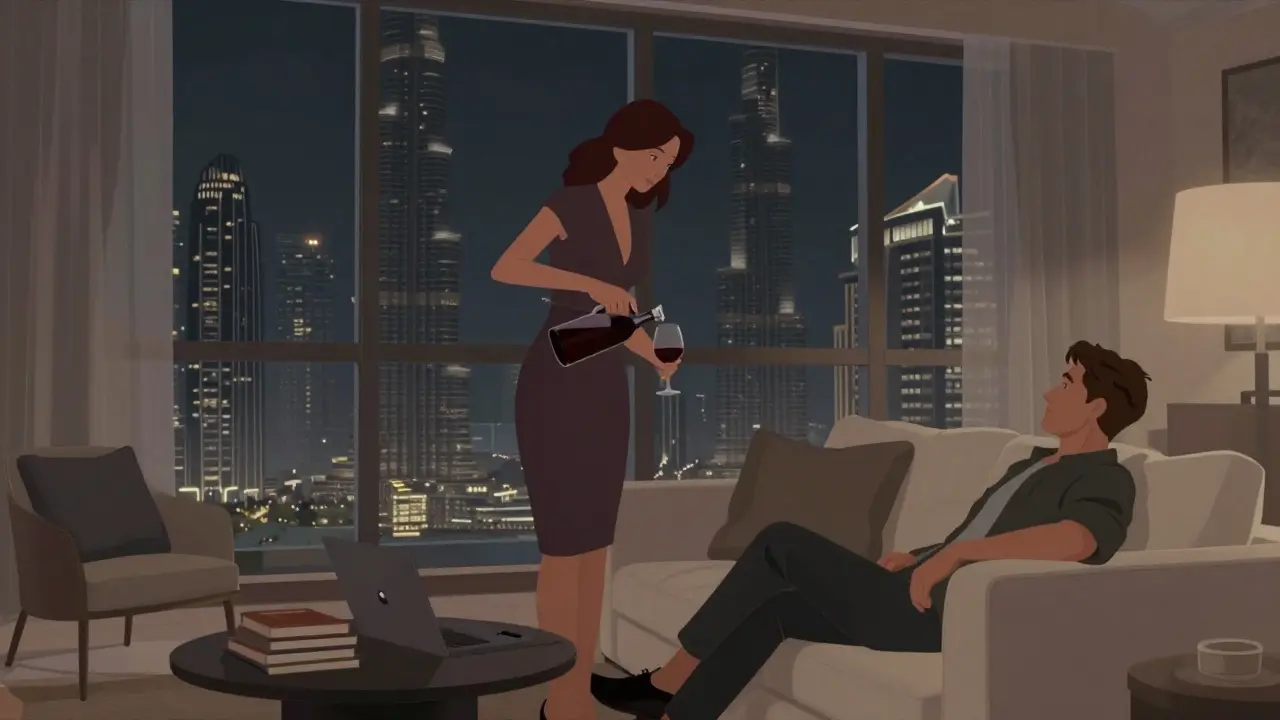 Man and woman in a luxurious Dubai apartment, sharing a quiet moment with Burj Khalifa visible through the window.