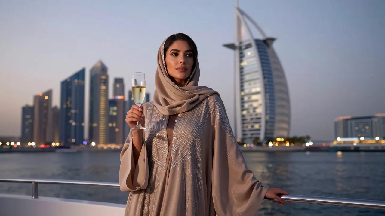 Model on yacht at Dubai Marina wearing modern abaya, holding champagne as city skyline glows in dusk light.