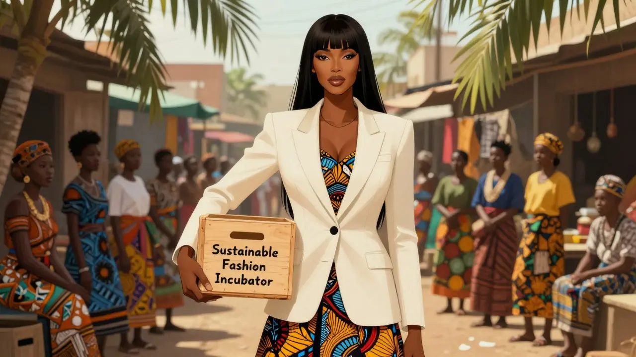 Naomi Campbell in Lagos, holding a sustainable fashion incubator crate, surrounded by aspiring African designers under sunlight.