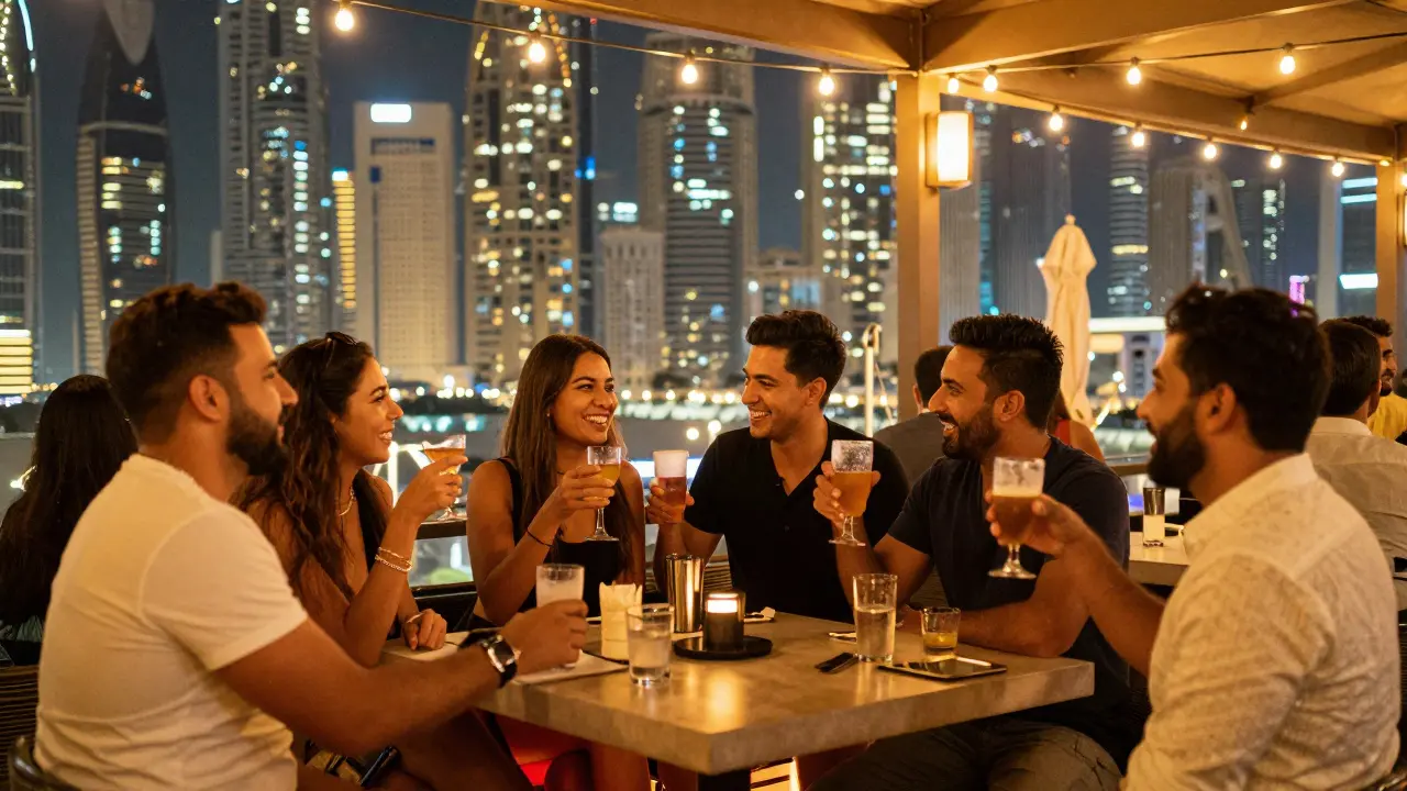 People enjoying a vibrant rooftop bar in Dubai under string lights, city skyline in the background.