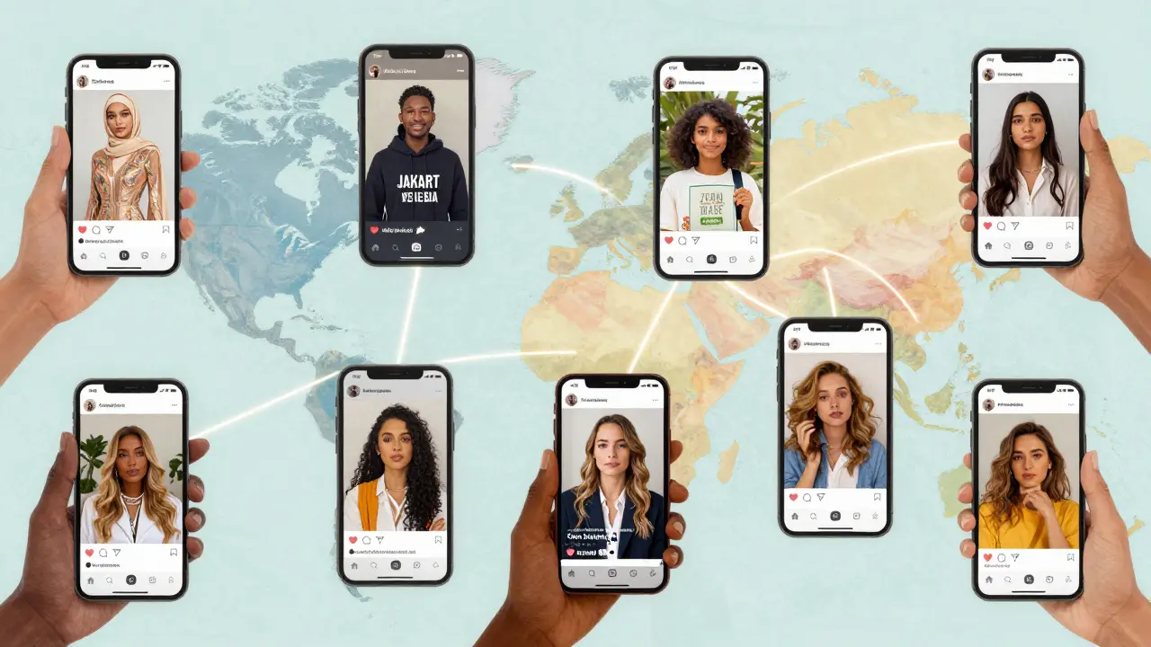 People in Dubai, Jakarta, New York, and Mumbai scrolling Instagram showing diverse models sharing activism, fashion, and personal stories.