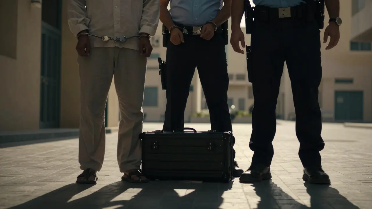 Police detaining tourist with handcuffs and suitcase.