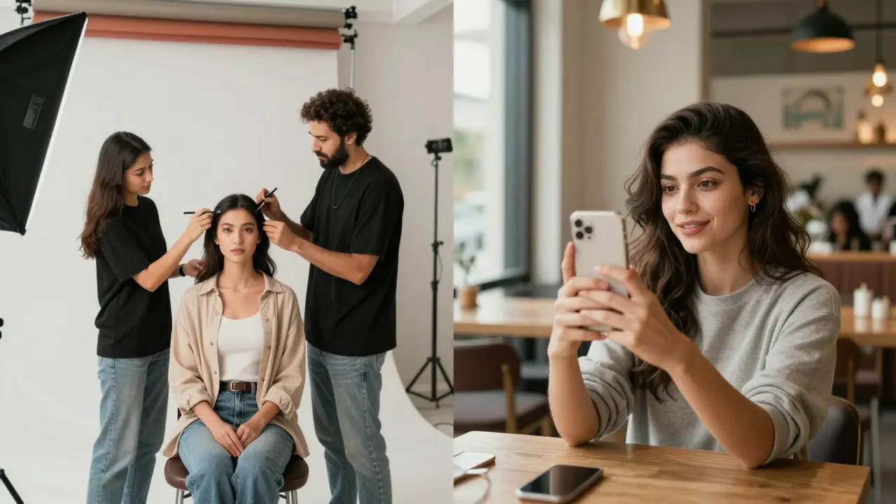 Side-by-side comparison of a professional model shoot versus an influencer filming casually.