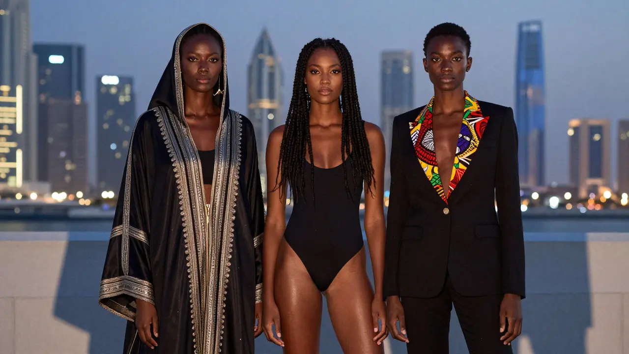 Three Black models in fusion fashion—abaya, bodysuit, and suit—standing before Dubai skyline, shadows merging into one powerful form.