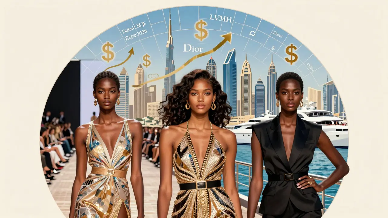 Three Black models representing different fashion roles in Dubai, surrounded by rising brand symbols and skyline.