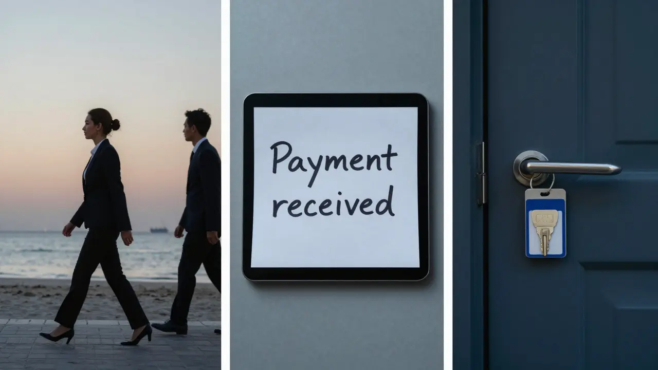 Three symbolic scenes: walk on beach, payment note, locked door — representing discreet companionship in Dubai.