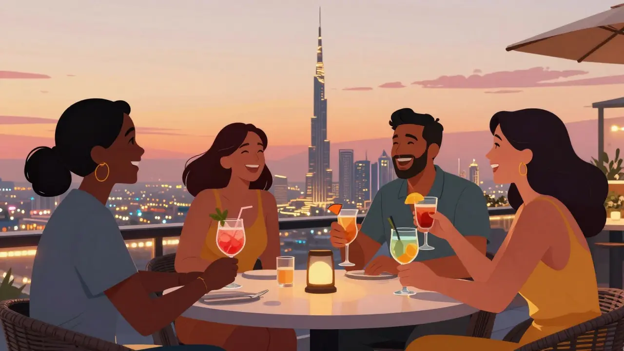 Tourists at rooftop bar with Dubai skyline view.