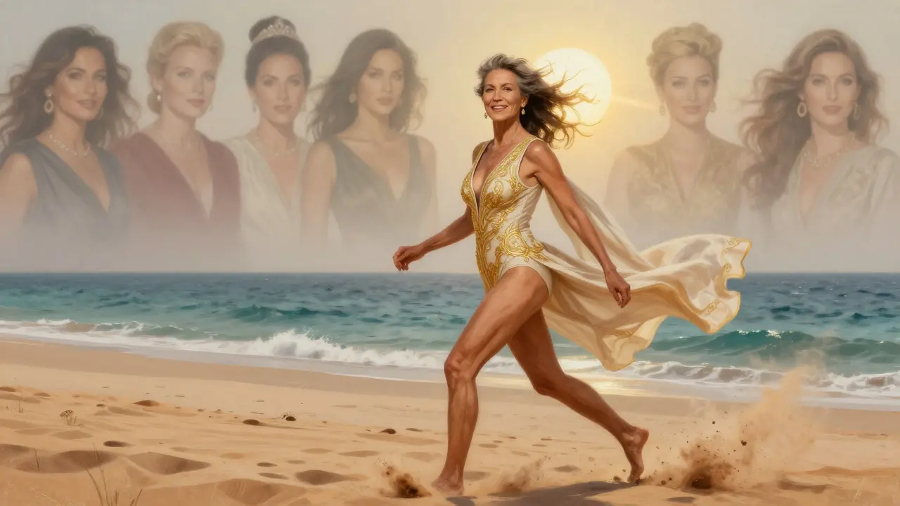 A 72-year-old model walking confidently along a Dubai shoreline in an elegant embroidered swimsuit, wind lifting her hair, sunbeam highlighting her smile.