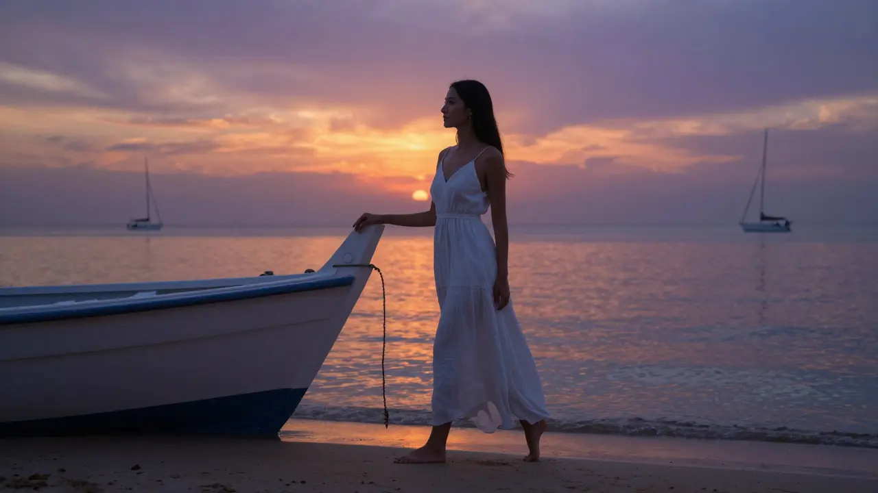 A beach model walking gracefully along a private dhow at sunset, ocean reflecting golden light.