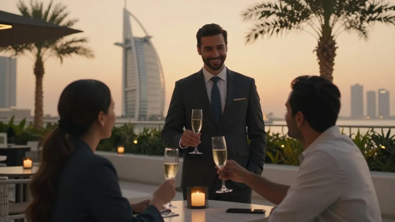 A client and escort enjoying a sunset toast at a rooftop bar in Jumeirah, Dubai.
