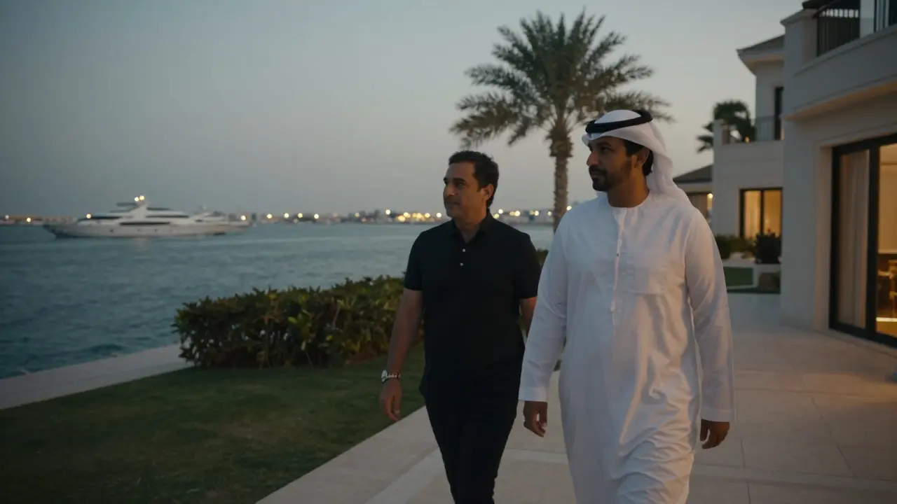 A client and escort walking peacefully along Dubai Marina at dusk, no physical contact.