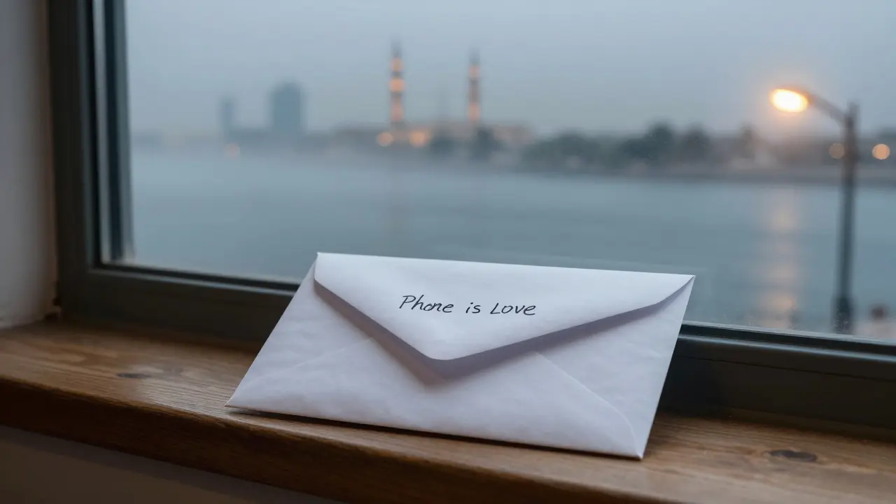A folded envelope with a handwritten phone number rests on a windowsill overlooking the Dubai Creek at dawn, mist rising in the early light.