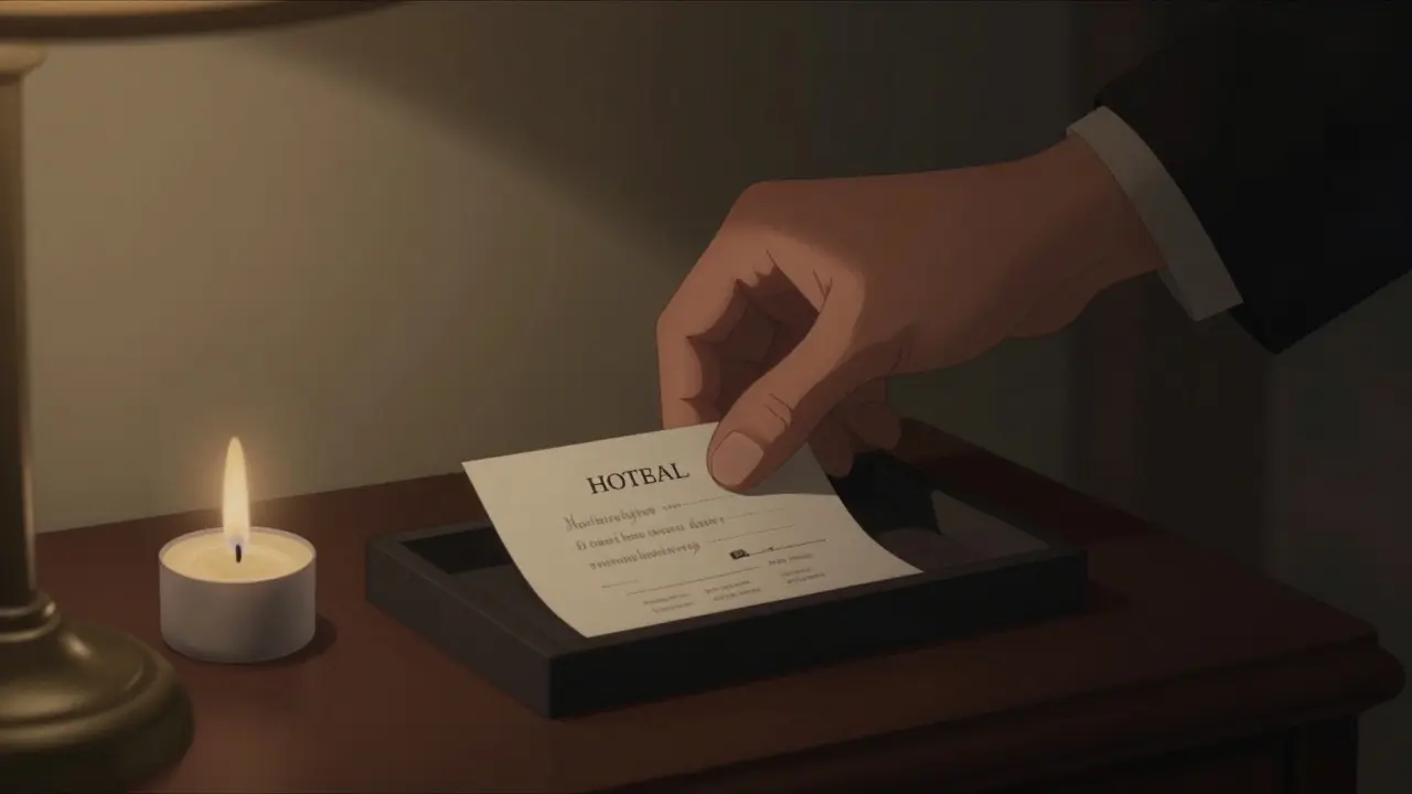 A folded note placed beside a hotel keycard, symbolizing discretion and trust.
