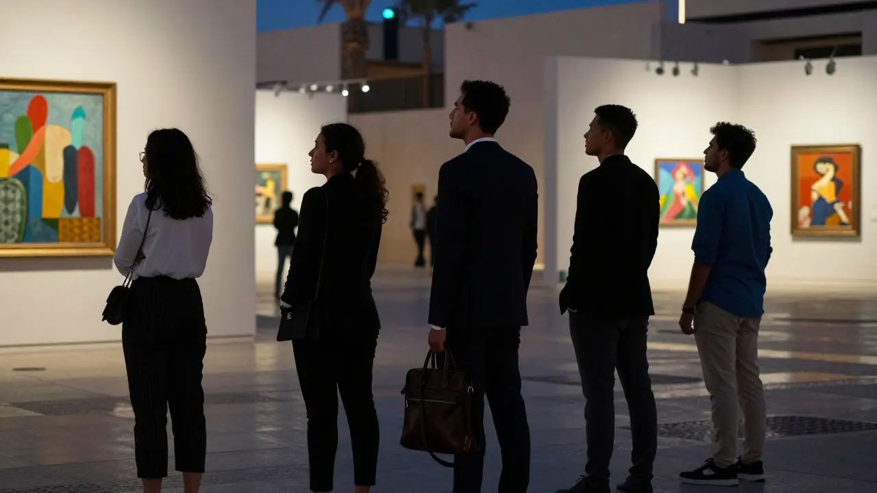 A group of clients with professional companions exploring art galleries in Alserkal Avenue, Dubai.