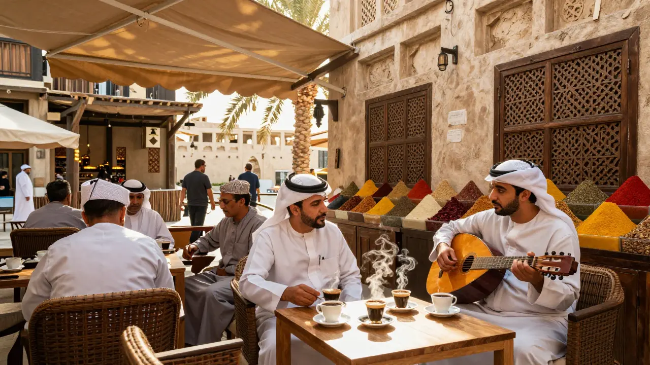 A lively café terrace in Al Fahidi neighbourhood with locals and expats enjoying coffee and oud music under shaded awnings.