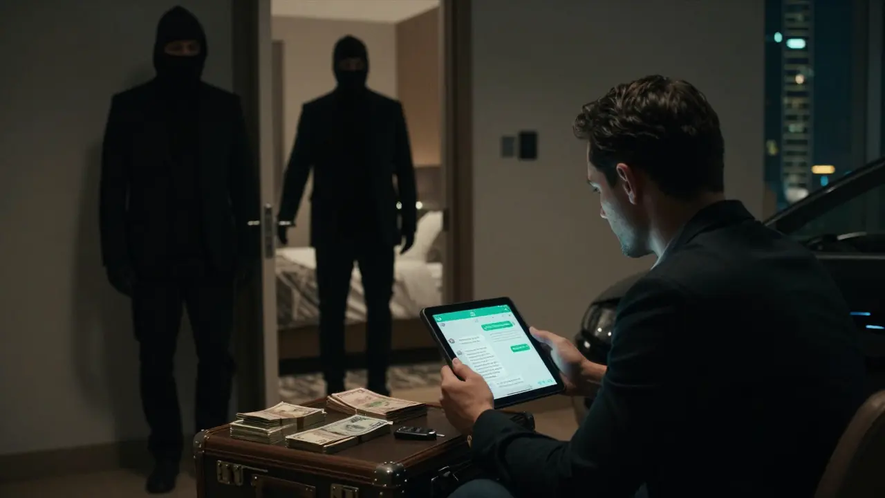 A man at an apartment door confronted by two shadowy figures, cash and a tablet visible, conveying an illegal encounter.