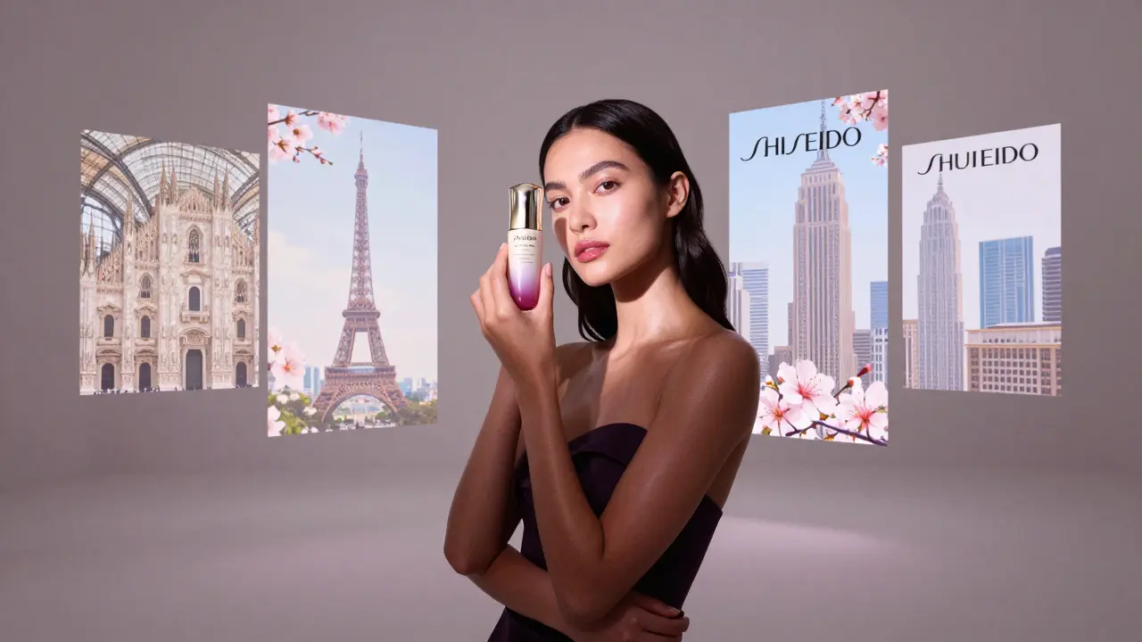 A model in Tokyo for a beauty campaign, surrounded by projected images of global fashion cities.