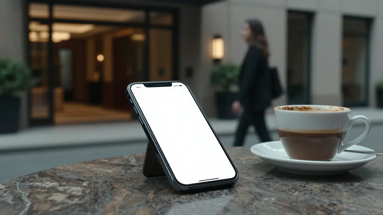 A phone resting beside coffee on a countertop, hinting at private digital communication.