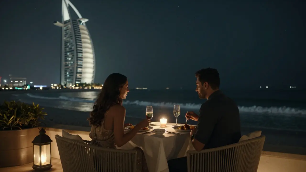 A private terrace above Palm Jumeirah at night, two people enjoying an intimate dinner under lantern light with Burj Al Arab in the distance.