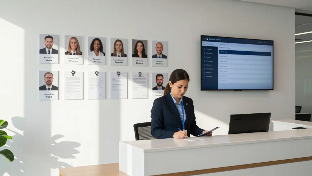 A professional companionship agency office in Dubai displaying verified profiles and contracts under bright natural light.