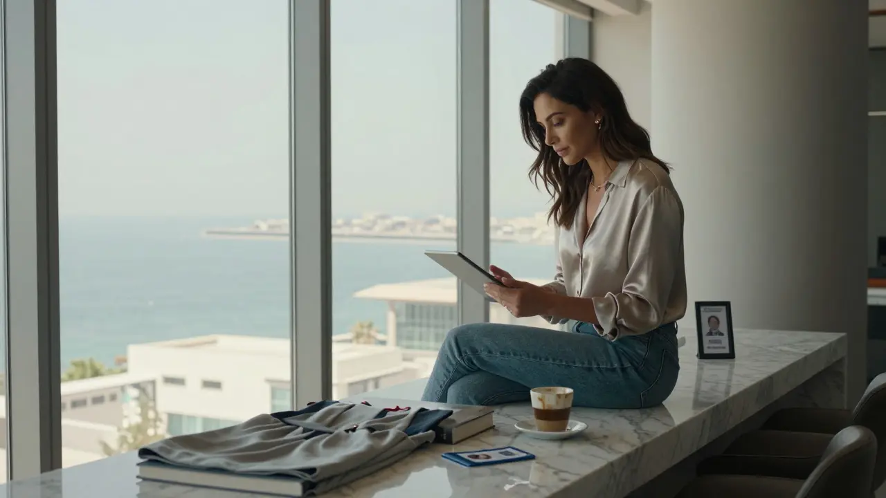 A professional female companion in a modern Dubai apartment, reviewing documents with personal items nearby.