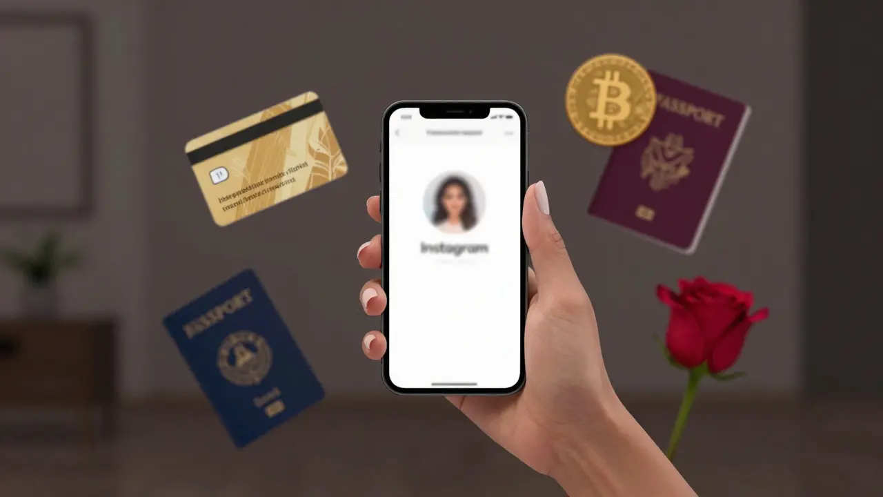 A smartphone displays a blurred Instagram profile with symbols of discretion: passport, keycard, Bitcoin.