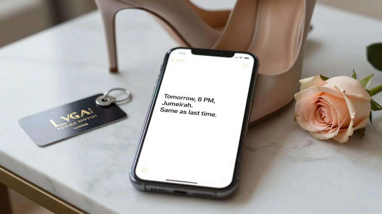 A smartphone screen with encrypted message and luxury items on a marble surface.