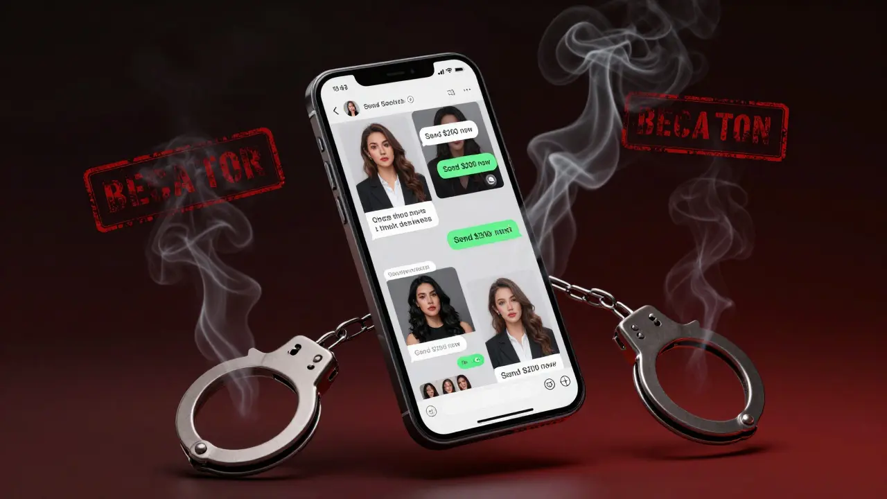 A smartphone showing fake escort ads and crypto payment requests, surrounded by smoke forming handcuffs and a deportation stamp.