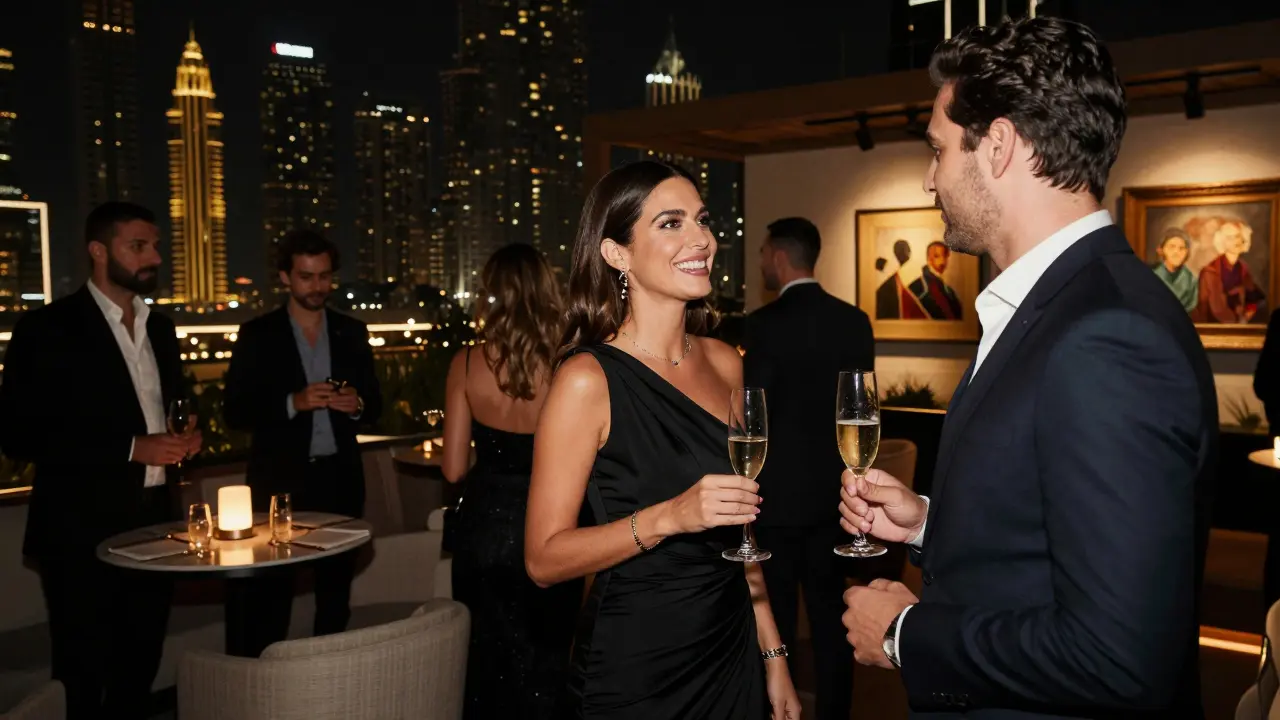 A sophisticated woman blending in at an exclusive rooftop art event in Dubai.