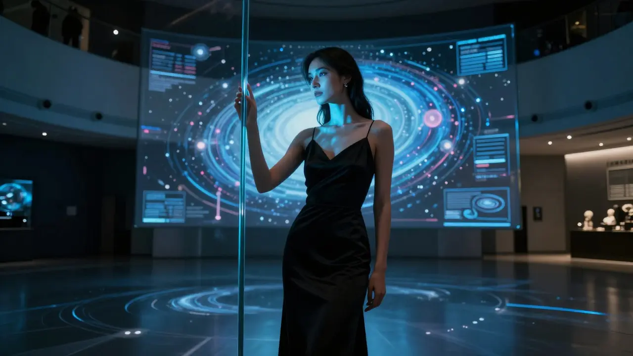 A VIP model in a black gown standing amid holographic projections inside Dubai's Museum of the Future.
