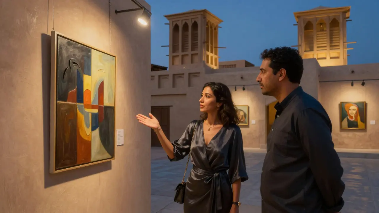 A woman in a silk dress engaging with a guest at a private art gallery opening in Dubai’s historic district.