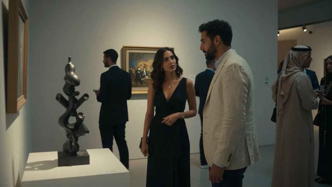 A woman in an elegant gown and client viewing art at a Dubai gallery, surrounded by other guests.