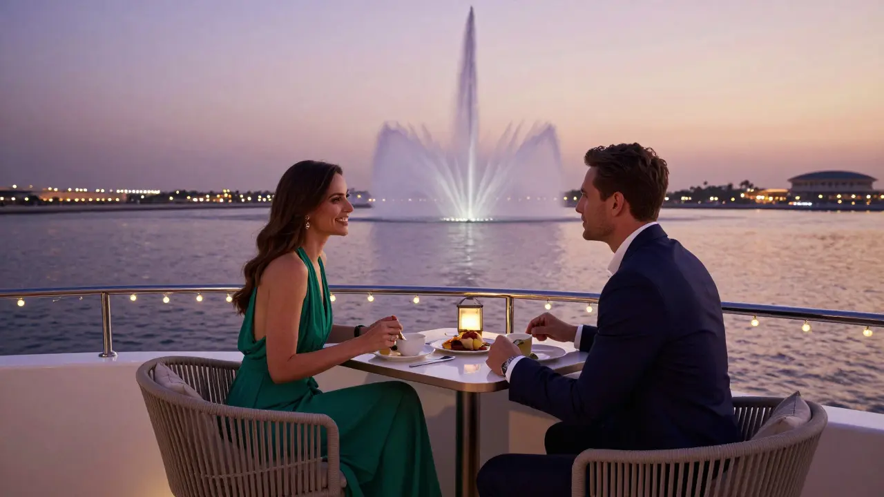 A woman in an emerald gown on a luxury yacht at dusk, sharing dessert with a guest as the Dubai Fountain shines in the distance.