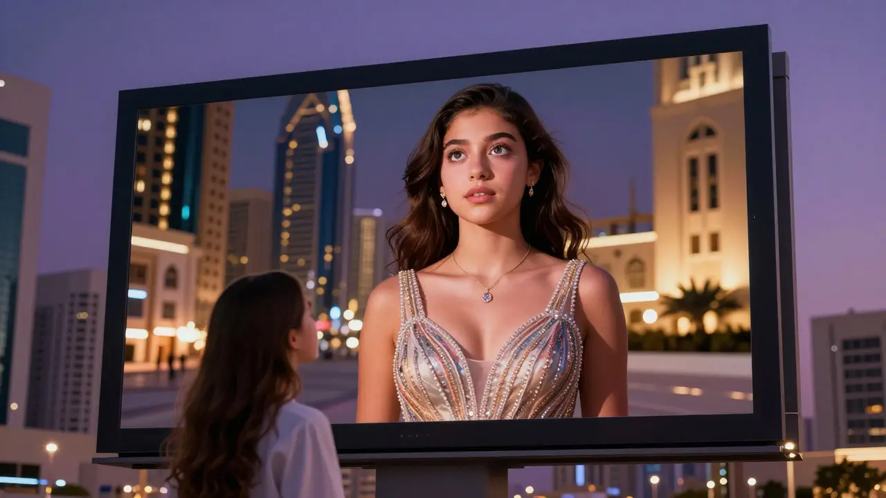 A young girl in Abu Dhabi looks up at a billboard showing a curvy model, city lights reflecting in her eyes.