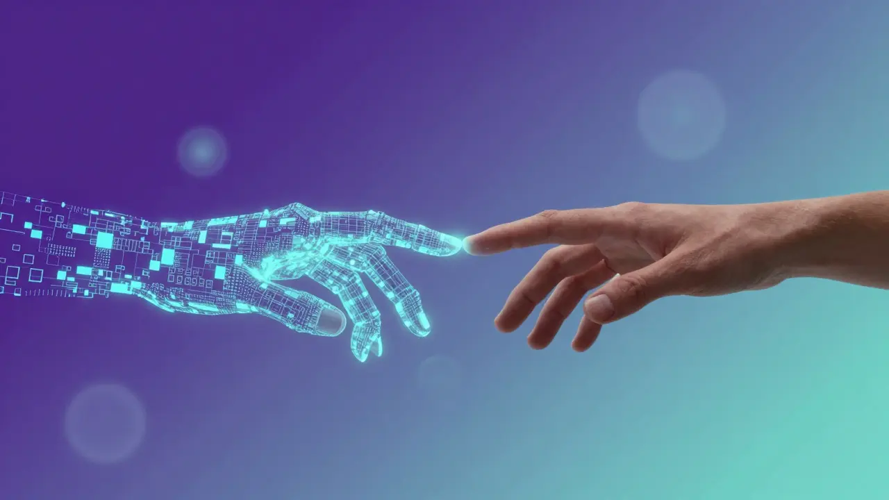 Abstract art showing human hand meeting digital pixel hand.