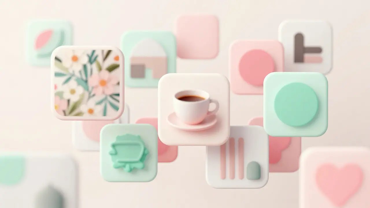 Abstract floating tiles resembling a digital mood board.