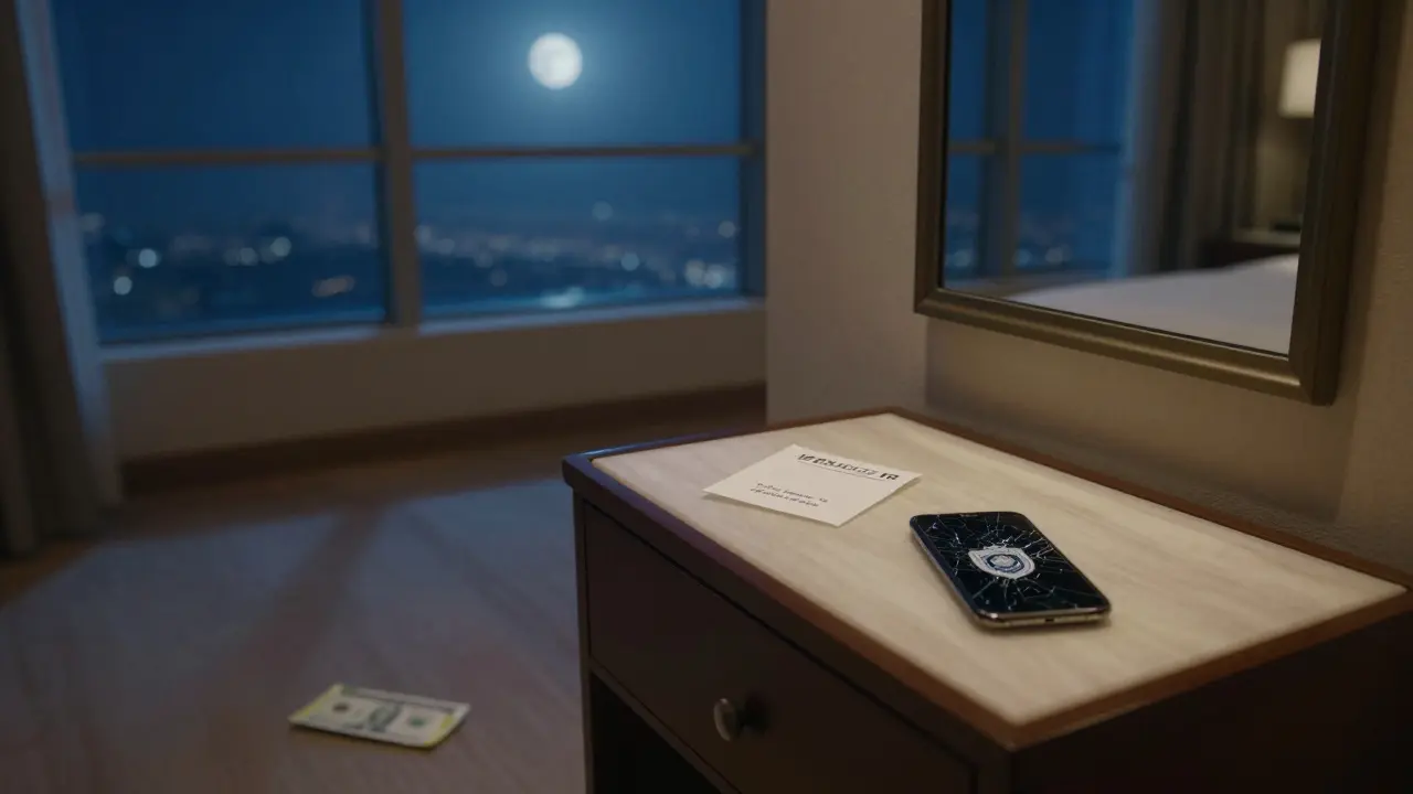 An empty hotel room with a cash envelope and cracked phone reflecting a police badge.