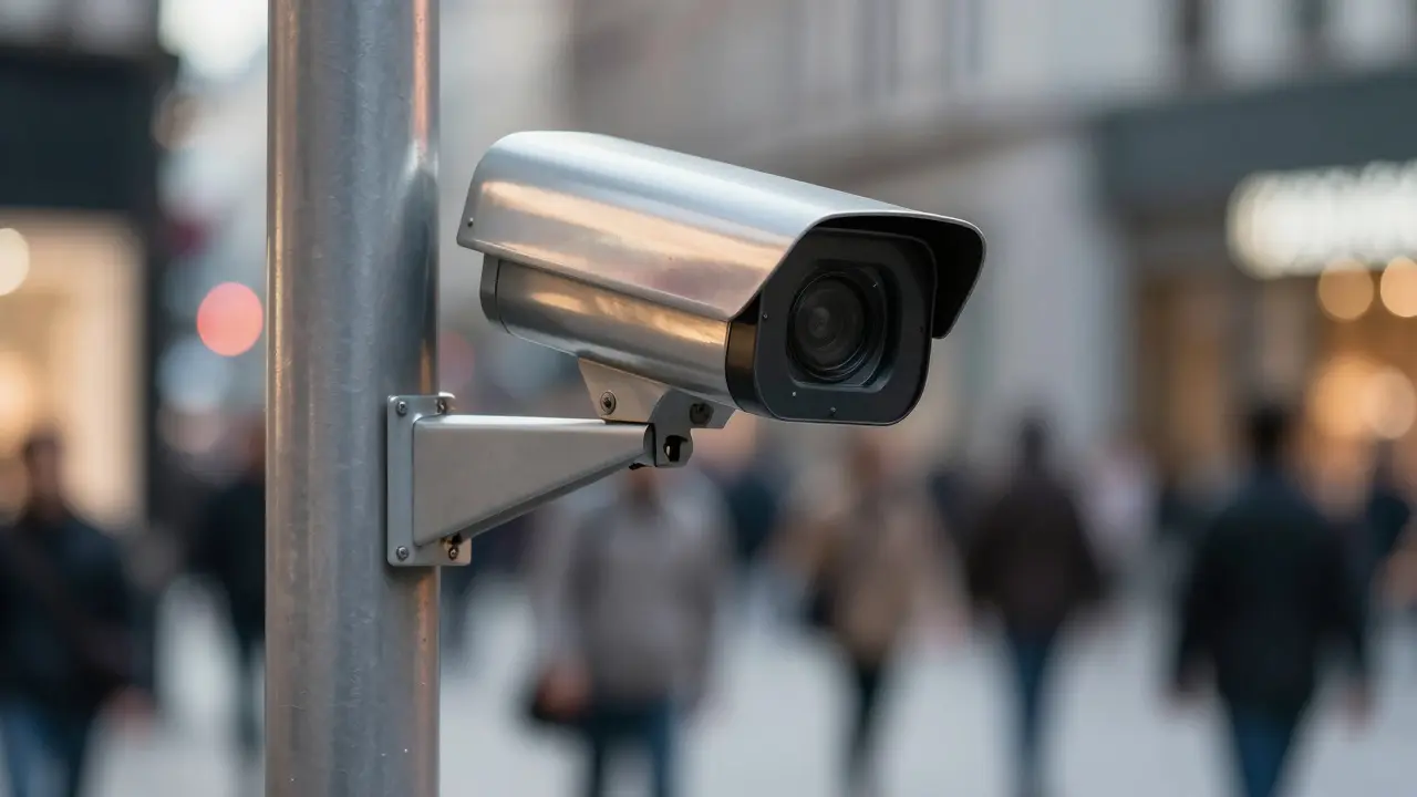 Close-up of a surveillance camera lens in a public hallway.