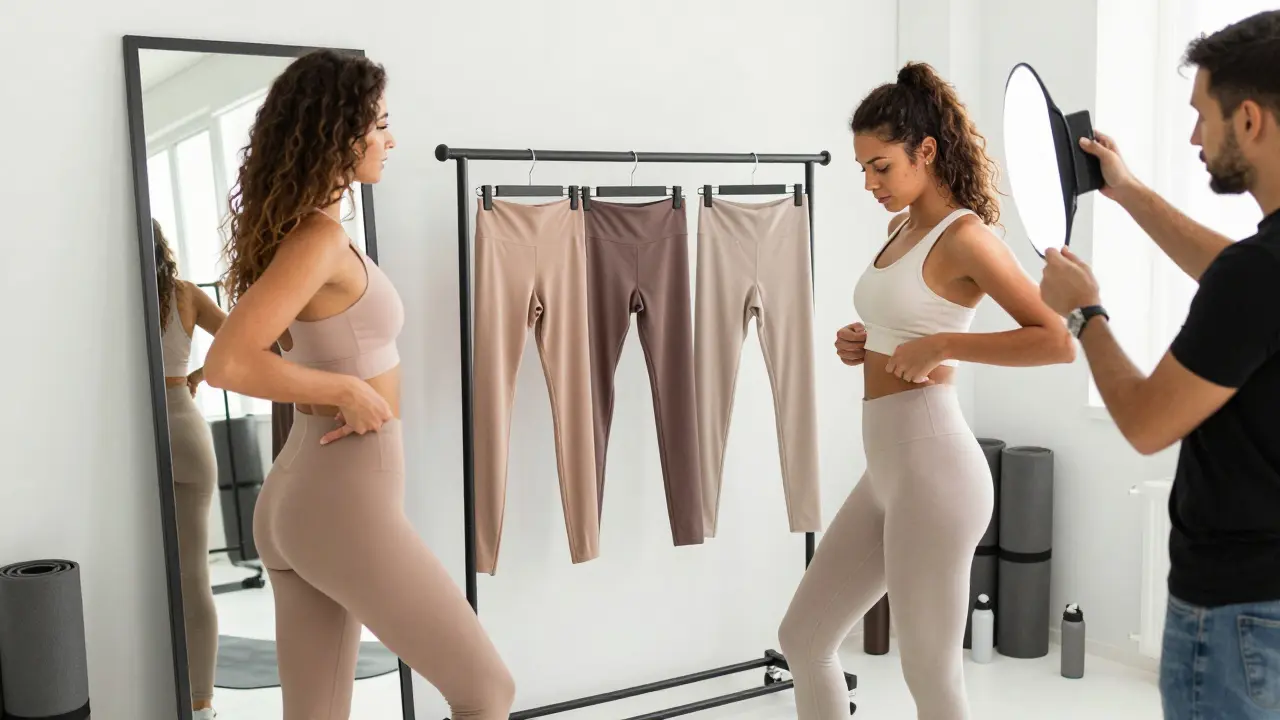 Diverse models preparing for a digital shoot with multiple skin-tone leggings on display in a Dubai studio.